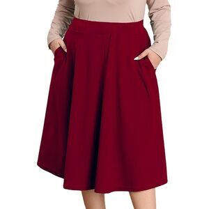 7006 Plus Size Red Midi Skirt Business Casual Work High Elastic Waist